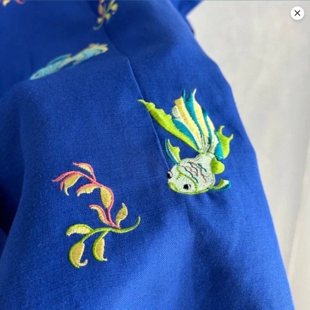 Vintage Sarah Spencer size 20W button down shirt embroidered fish blue linen - Picture 6 of 8